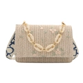 Straw square bag with floral embroidery, acrylic chain handle, and wide strap - White