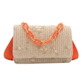 Bohemian woven straw floral embroidery crossbody bag with orange acrylic chain and wide strap - Orange