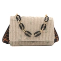 Floral embroidered straw crossbody bag with stylish wide strap and gold chain strap - Black