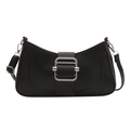 Minimalist black PU leather baguette bag with a sleek silver rectangular metal clasp - Black