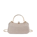 Champagne gold glitter evening clutch bag with round metal handle and chain strap - Gold