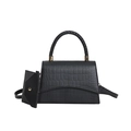 Chic black crocodile embossed handbag with woven handle and mini envelope coin purse - Black
