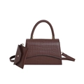 Dark brown crocodile pattern crossbody bag with woven handle and small envelope pouch - Brown