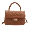 Elegant caramel quilted crossbody bag with golden metal clasp and round top handle - Brown