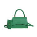 Green faux-crocodile textured handbag set with woven handle and matching mini pouch - Green