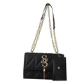 Borsa a tracolla trapuntata nera classica con logo dorato e catena coordinata - Nero