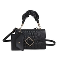Elegant black embossed faux leather handbag set with gold buckle and matching coin purse - Crocodile Pattern 2-in-1 Set / Black