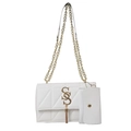 Borsa a spalla bianca trapuntata con catena dorata, logo e piccola borsa laterale - Bianco