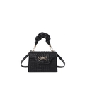 Black crocodile pattern crossbody bag with golden bow and pleated cloud handle - Black