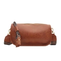 Brown vintage cylinder crossbody bag with ethnic style colorful wide woven strap - Tan