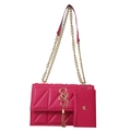 Borsa a tracolla fucsia trapuntata con catena dorata e mini astuccio coordinato - rosa acceso