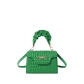 Green faux-crocodile rectangular handbag with pleated handle and golden bow accent - Green