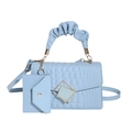 Light blue faux crocodile handbag with pleated handle and matching small envelope pouch - Blue