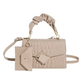Beige crocodile embossed handbag with ruffled handle and matching envelope coin purse - Khaki