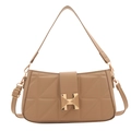 Khaki shoulder bag in faux leather featuring geometric quilting and gold H metal buckle - Khaki