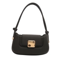 Minimalist black leather shoulder bag with gold square buckle and knotted strap detail - Black