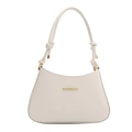Elegante bolso de hombro color marfil con nudos decorativos y detalles en metal oro - Blanco