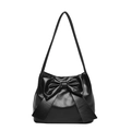Minimalist black faux leather tote bag with large bow decoration and dual shoulder straps - Black