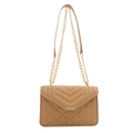 Khakifarbene gesteppte Kettentasche mit eleganter V-Steppung und goldenem Metallriemen - Khaki