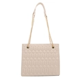 Chic beige quilted square crossbody bag with gold chain strap and diamond stitch texture - White