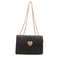 Elegant black quilted heart crossbody bag with gold heart lock and chain strap - Black