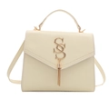 Minimalist beige crossbody bag with gold SS logo and litchi texture faux leather - White