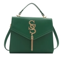 Dark green square crossbody bag with gold S-logo and fringe detail for women - Green
