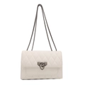 Classic white quilted crossbody bag with chain strap and metallic lock on white background - White
