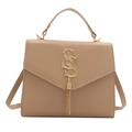Beige minimalist crossbody bag with gold SS logo and elegant chain tassel detail - Khaki