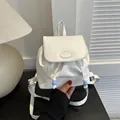 Chic white mini PU leather backpack with fashion flap and beaded drawstring closure - White