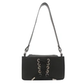 Minimalist black lace-up shoulder bag with silver eyelet details and adjustable strap - Black