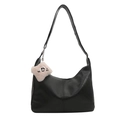 Large black hobo shoulder bag in soft leather with a pink plush charm pendant - With Ornament / Black