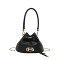 Large capacity black leather bucket bag with gold H metal buckle and chain strap - Black