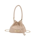 Chic beige drawstring bucket bag with gold H-buckle and metal chain strap - Khaki