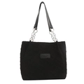 Borsa tote nera trapuntata con tracolla a catena ed etichetta in pelle su sfondo bianco - Con Ornamento / Nero
