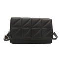Black geometric embossed crossbody bag with adjustable silver buckle strap on white background - Black