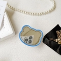 Detail of blue bear-shaped foldable phone grip mirror with 'Lucky Happy' text on white background - Blue Bear