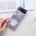 Luxury purple crystal encrusted cat and rabbit case for Samsung Galaxy Z Flip4 with mirror - Purple - Rabbit Flower Mirror (Full Diamond) / Samsung Z Flip 3