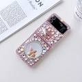 Detail of luxury rhinestone Z Flip case with pink bunny pattern and makeup mirror - Pink - Rabbit Round Mirror (Full Diamond) / Samsung Z Flip 3