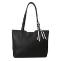 Minimalist large black tote bag with long shoulder straps and striped silk scarf accessory - Black
