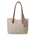 Minimalist cream tote bag with brown straps and checkered silk scarf decoration - White