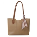 Light khaki large capacity tote bag with dark brown strap and decorative plaid scarf - Khaki