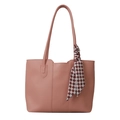 Dusty pink PU leather tote bag with elegant plaid silk scarf for office commute - Pink