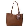 Brown soft PU leather tote bag with vintage texture and stylish ribbon bow decoration - Brown