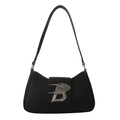 Minimalistische schwarze Baguette-Tasche mit silberner B-Schnalle auf grauem Grund - Schwarz