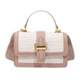 Weiße geflochtene Handtasche mit rosa Besatz und breitem Gurt im minimalistischen Stil - Weiß & Khaki Patchwork