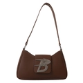 Dark brown leather baguette bag with silver wing-shaped B metal buckle in mid-shot - Dark Brown