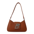 Brown leather baguette bag with a silver B logo and slender shoulder strap on white backdrop - Tan