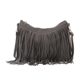 Bolso tipo cubo gris oscuro con flecos bohemios y correa de hombro ajustable - Gris
