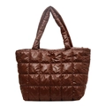 Large dark brown quilted puffer tote bag with glossy nylon finish and padded straps - Brown